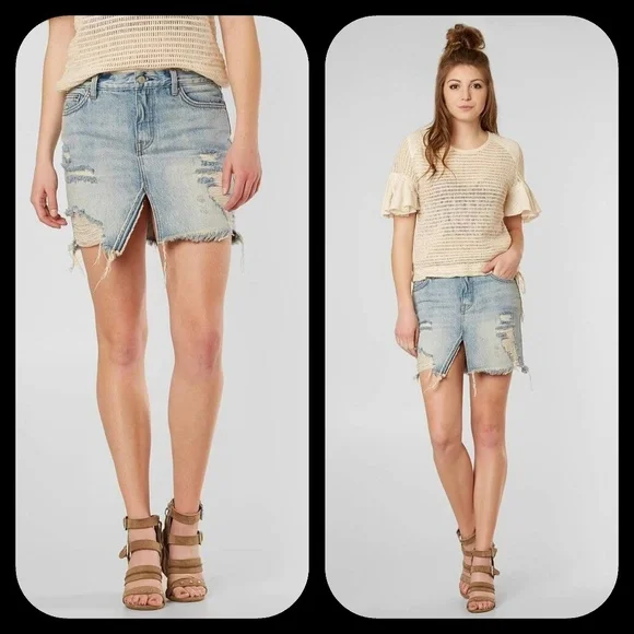 We The Free People destroyed distressed Shredded denim jean mini skirt NWT 26 - Picture 5 of 9